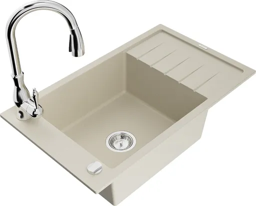 MEXEN/S Elias granitový dřez 1-miska s odkapávačem včetně baterie Savita, béžová 6511-69-672601-00