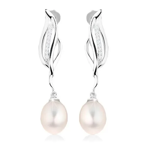 Stříbrné náušnice 925, zvlněný obrys listu, visící oválná perla bílé barvy