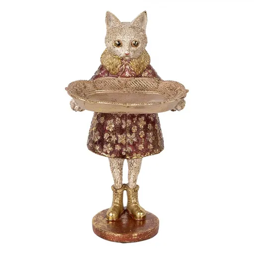 Dekorace figurka kočka s podnosem a zlatou patinou - 16*14*27 cm Clayre & Eef