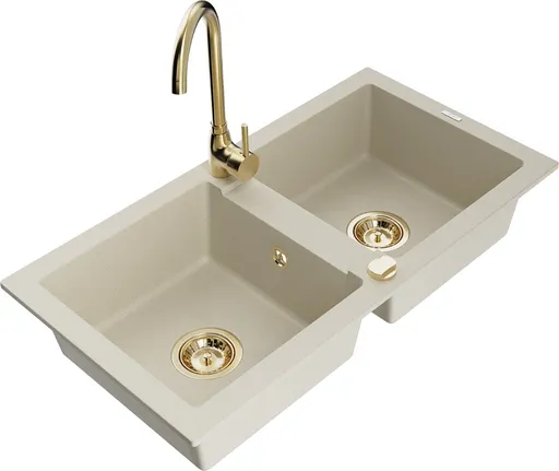 MEXEN/S Mario granitový dřez 2-bowl včetně baterie Telma, béžová 6504-69-670200-50