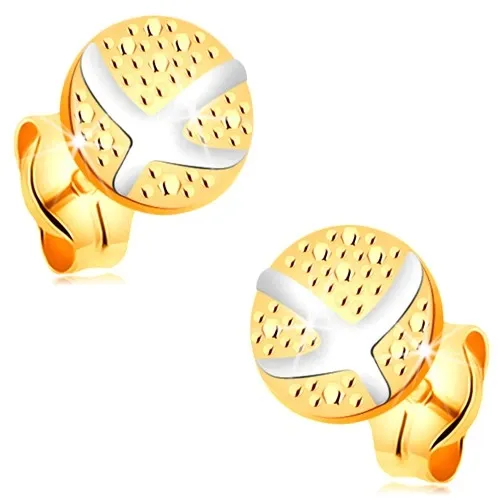 Náušnice ze 14K zlata - gravírovaný kruh, překřížené oblouky z bílého zlata