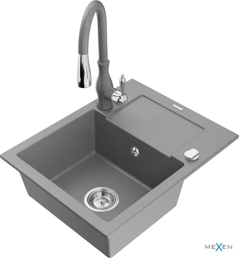 MEXEN/S Enzo granitový dřez 1 s odkapávačem včetně baterie Savita, šedá 6506-71-672601-71