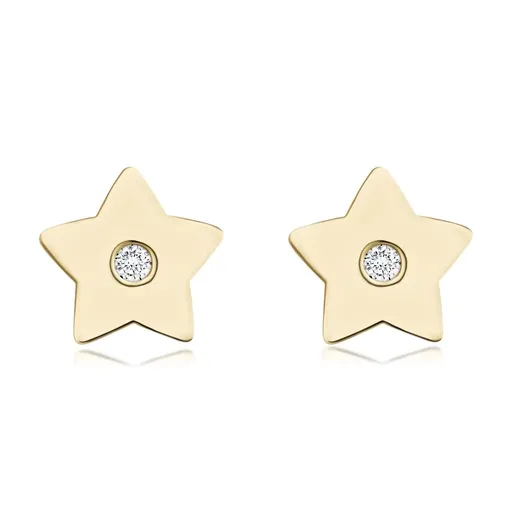 Náušnice ze žlutého zlata 585 - ploché hvězdy s čirým briliantem, puzetky