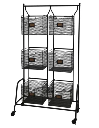 Černý kovový stojan na kolečkách s drátěnými košíky Fil de fer - 81*35*146cm Chic Antique