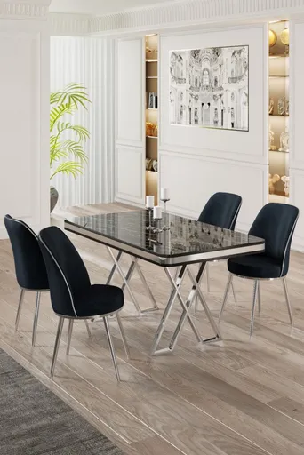 Dining Table & Chairs Set (5 Pieces) Vals - Black Marble, Chrome, Anthracite