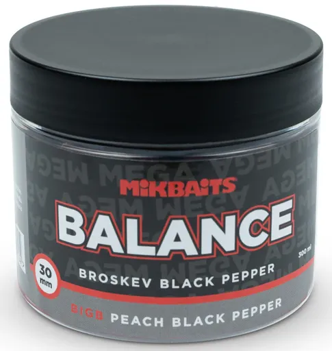 Mikbaits vyvážené boilie mega balance bigb broskev black pepper 300 ml 30 mm