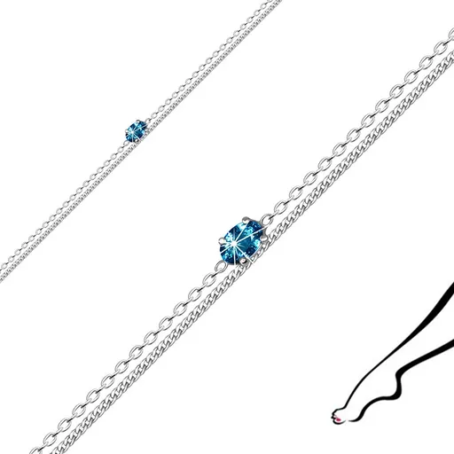 Náramek na kotník z 925 stříbra - zdvojený řetízek, zirkonové zrníčko modré barvy