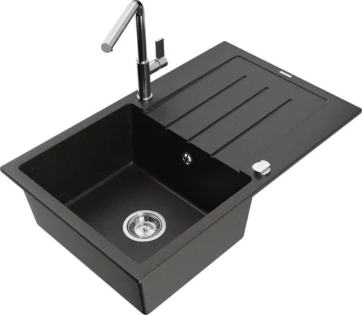 MEXEN/S Bruno granitový dřez 1 s odkapávačem včetně baterie Flora, černá/zlatá metalik 6513-75-670401-00