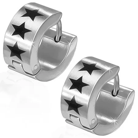 Kruhové ocelové náušnice, tři černé hvězdy