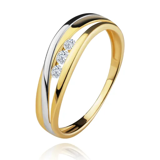 Briliantový prsten ze 14K zlata, zvlněné dvoubarevné linie ramen, tři čiré diamanty - Velikost: 59