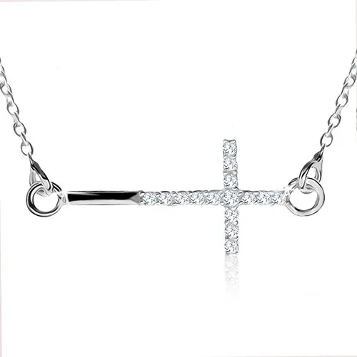 Náhrdelník s jemným řetízkem, latinský křížek, čiré zirkony, stříbro 925