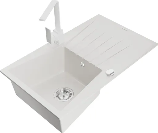 MEXEN/S Cesar granitový dřez 1-miska s odkapávačem včetně baterie Rita, bílá 6514-20-670300-20