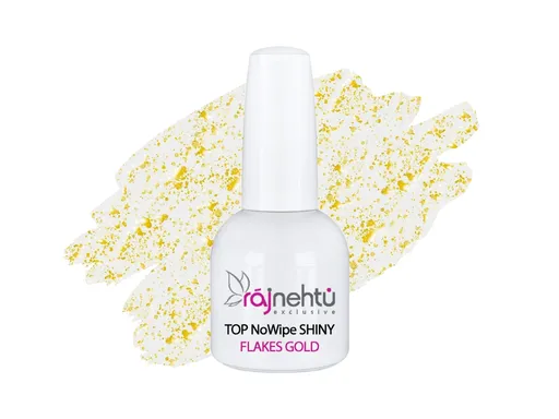 Ráj nehtů UV gel lak TOP NoWipe Shiny Flakes Gold 15ml