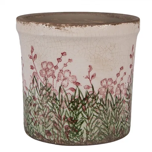 Béžovo-zelený obal na květináč s růžovými květy Rustic Flower M - Ø 15*14 cm Clayre & Eef