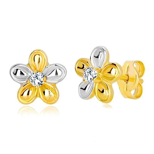 Puzetové náušnice ve 14K zlatě - dvoubarevný květ se zirkonem čiré barvy
