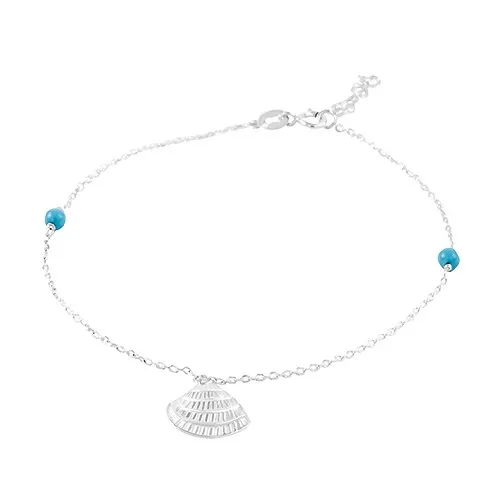 Řetízek na kotník, stříbro 925, přívěsek - gravírovaná mušle, modré kuličky