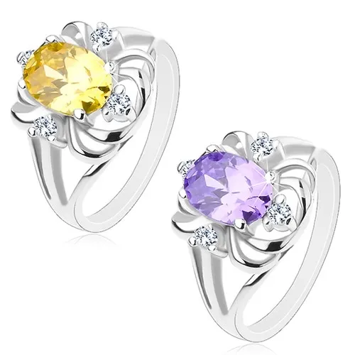 Prsten s lesklými rozvětvenými rameny, velký oválný zirkon, lesklé obloučky - Velikost: 49, Barva: Žluto-zelená