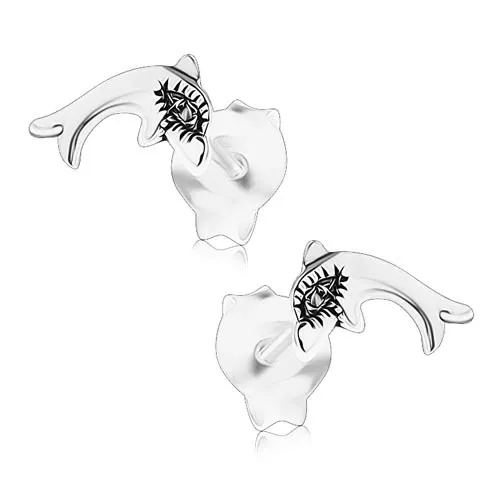 Puzetové stříbrné náušnice 925, delfín s velkým okem a patinou
