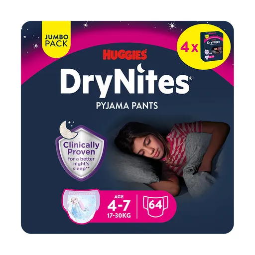 Huggies DryNites Natahovací kalhotky pro dívky 4–7 let 17–30 kg JUMBO 4x16 ks