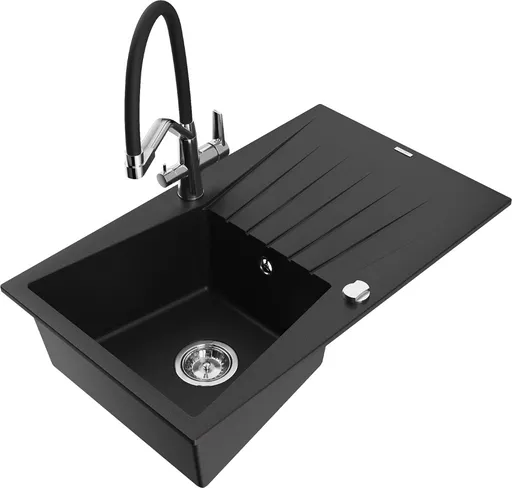 MEXEN/S Cesar granitový dřez s odkapávačem včetně baterie Duo, černá 6514-77-671701-07