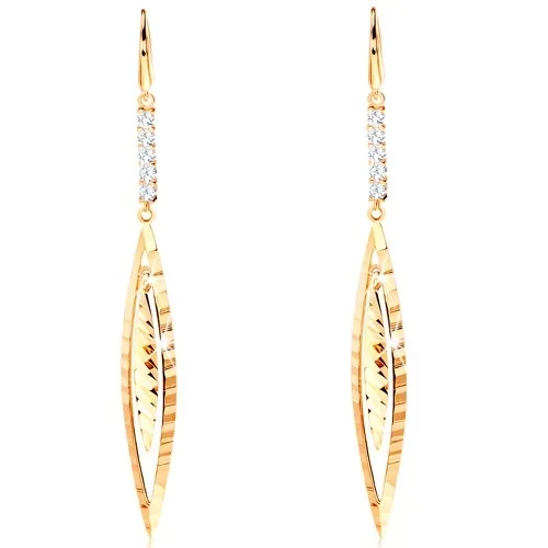 Visící náušnice ze žlutého 14K zlata - linie čirých zirkonů, úzké zrnko