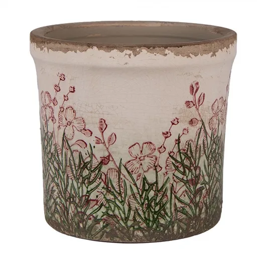 Béžovo-zelený obal na květináč s růžovými květy Rustic Flower S - Ø 13*12 cm Clayre & Eef