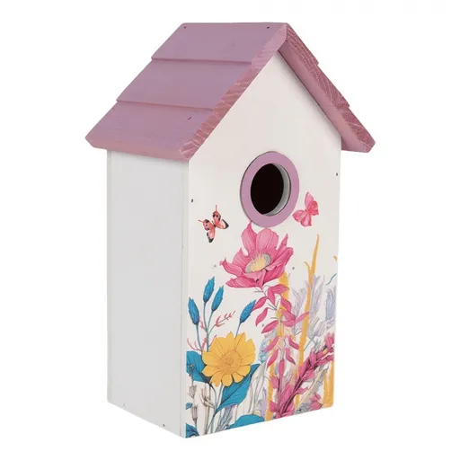 Bílo-fialová dřevěná ptačí budka s květy Birdhouse - 15*10*22 cm Clayre & Eef