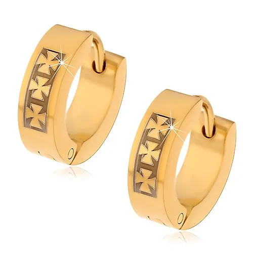 Ocelové náušnice zlaté barvy se vzorem tří maltézských křížů