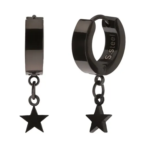 Černé náušnice z chirurgické oceli, visací pěticípé hvězdy