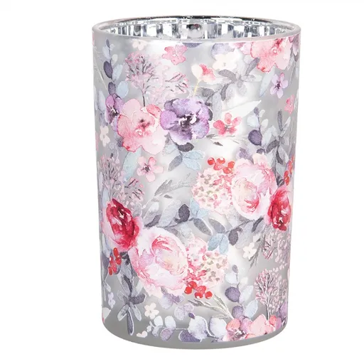 Skleněný stříbrný svícen růže a eucalypt - Ø 12*18 cm Clayre & Eef