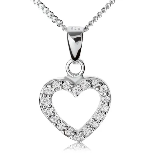 Stříbrný 925 náhrdelník, čirá zirkonová kontura souměrného srdíčka