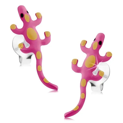 Puzetové náušnice, stříbro 925, ještěrka, růžová glazura, žluté tečky