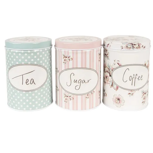 3ks plechová dóza s víkem a květy Tea Sugar Coffee - Ø 8*12 cm Clayre & Eef