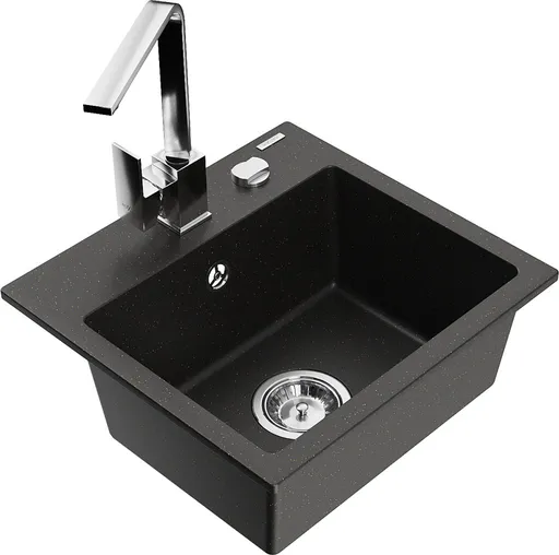 MEXEN/S Milo granitový dřez 1-miska včetně baterie Rita, černý/zlatý metalik 6505-75-670300-00