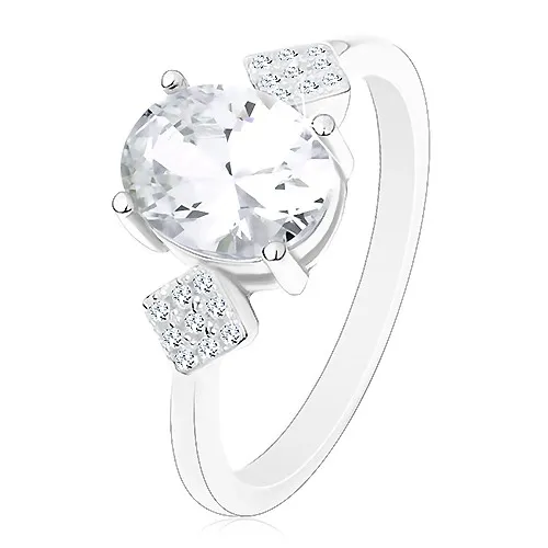 Prsten ze stříbra 925, oválný zirkon čiré barvy, zirkonové kosočtverce - Velikost: 49