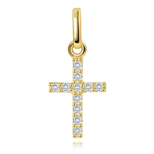 Přívěsek ve žlutém 14K zlatě - malý kříž zdobený čirými brilianty