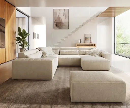 Pohovka ve tvaru "U" Sirpio 300x200 cm bouclé krémovo-bílá