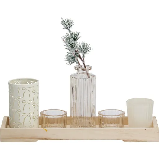 Sada svícnů na dřevěném podnosu Winter Time, 6 ks, 10,5 x 32,5 cm