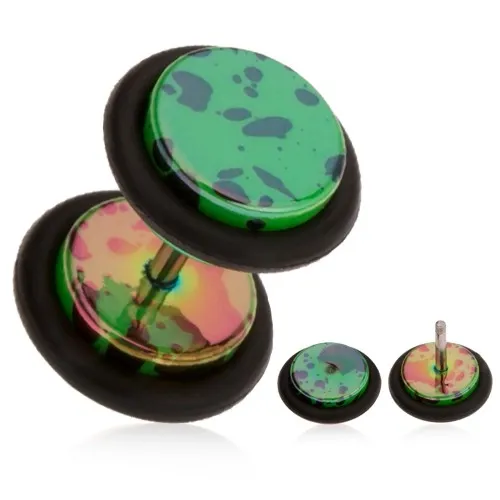 Fake plug do ucha, akrylový, tmavě zelený podklad, olejové skvrny