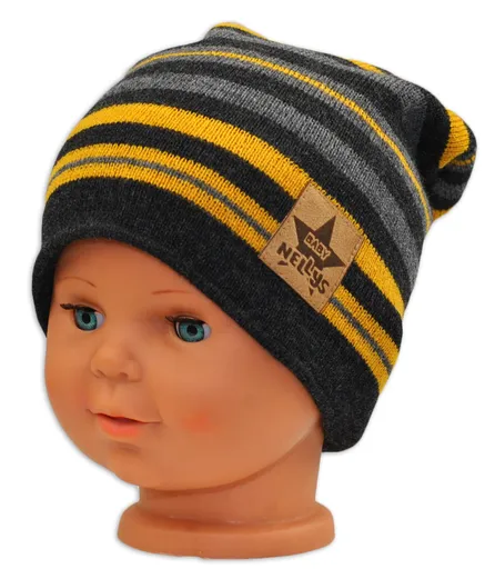 Baby Nellys Podzimní/zimní proužkovaná čepice - grafit/šedá/žlutá