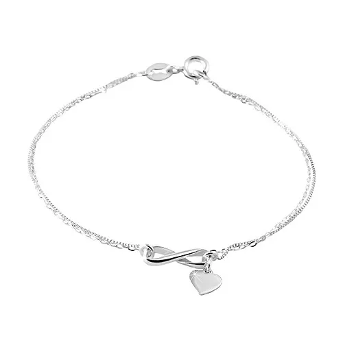 Stříbrný 925 náramek s dvojitým řetízkem, symbol nekonečna, srdíčko