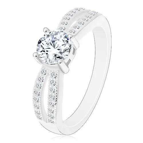 Prsten ze stříbra 925, kulatý čirý zirkon, výřezy na třpytivých ramenech - Velikost: 49