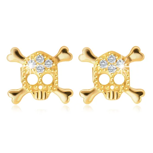 Puzetové náušnice ve žlutém 14K zlatě - lebka vykládaná zirkony