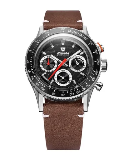Nivada Grenchen Chronoking Mecaquartz Racing Black - Inter. Bezel - Brown Leather White Stitching