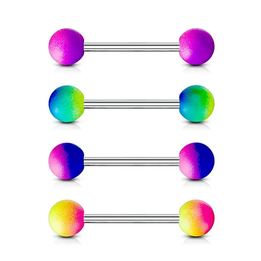 Piercing z oceli 316L do jazyka - činka s dvoubarevnými pogumovanými kuličkami - Barva piercing: Modrá - Růžová