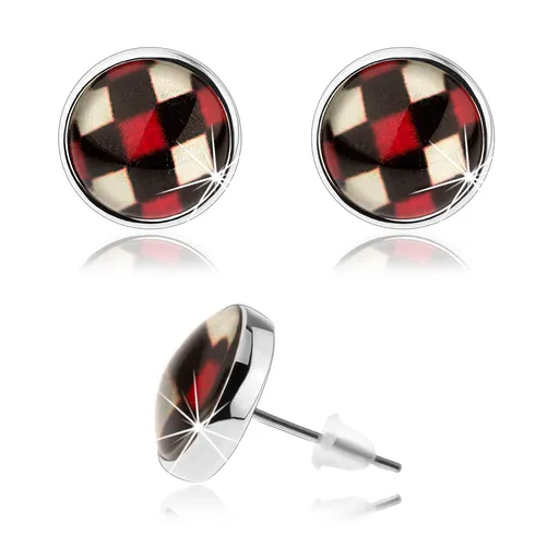 Náušnice kabošon, vypouklé sklo, vzor šachovnice, puzetky