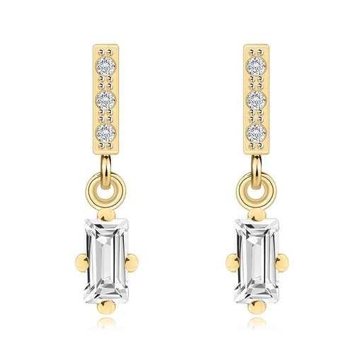 Náušnice ze 14K zlata s obdélníkovými zirkony a kulatými zirkony v řadě