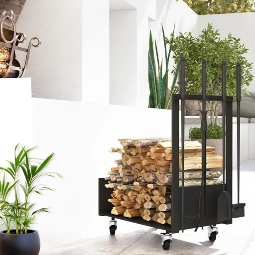 Outsunny Pojízdný stojan na dřevo s nářadím, černý