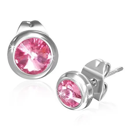 Náušnice z oceli 316L, kulaté zirkony světle růžové barvy