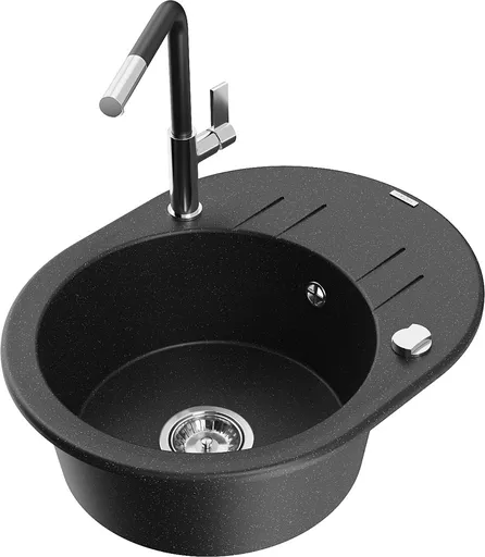 MEXEN/S Kevin granitový dřez 1-miska s odkapávačem včetně baterie Flora, černá/srebrny metalik 6517-73-670401-07